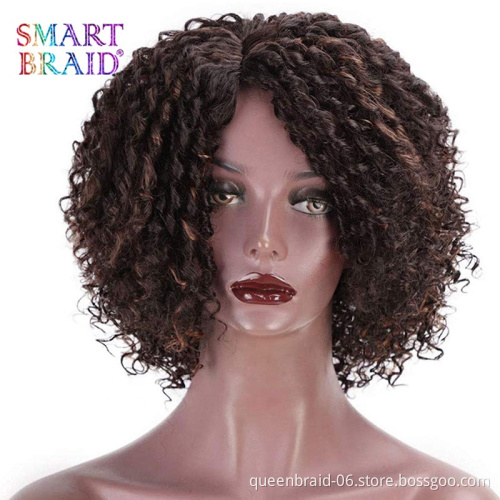 Wholesale Mixed Brown 14 Inch Shoulder Length Short Afro Curly Wig With Bangs Kinky Fluffy Synthetic Hair Wigs For Black Women